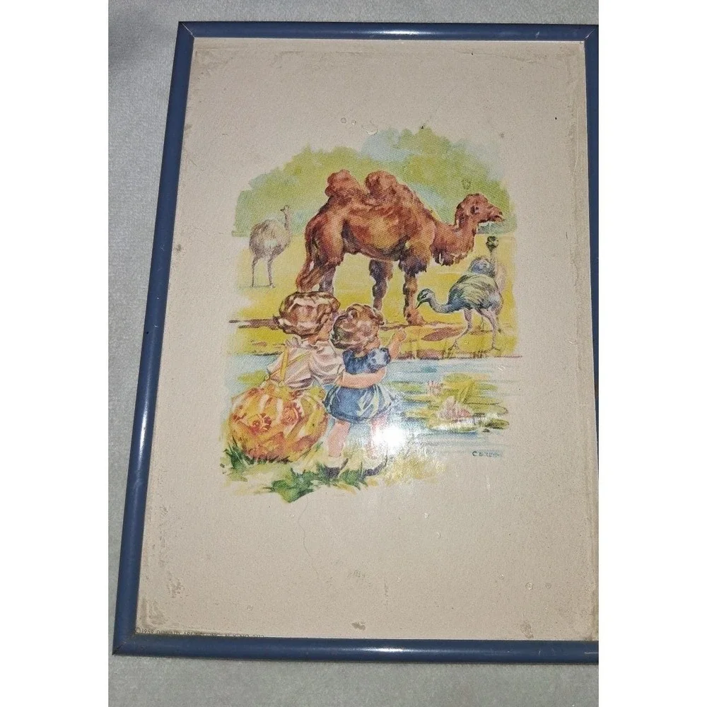 Vintage Pair 5x7 Children's Zoo Animal Prints Blue Metal Frames Camel Elephant